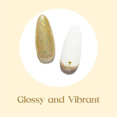 Beetles Gold Gel Polish destellos dorados visibles bajo diferentes luces.