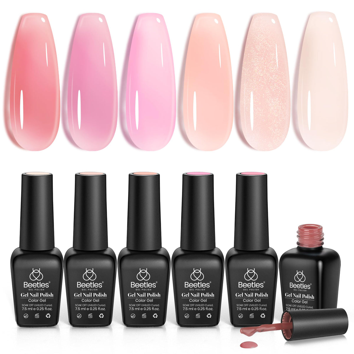 Beetles Jelly Gel: set de 6 colores, nude-rosado, brillo duradero para uñas.