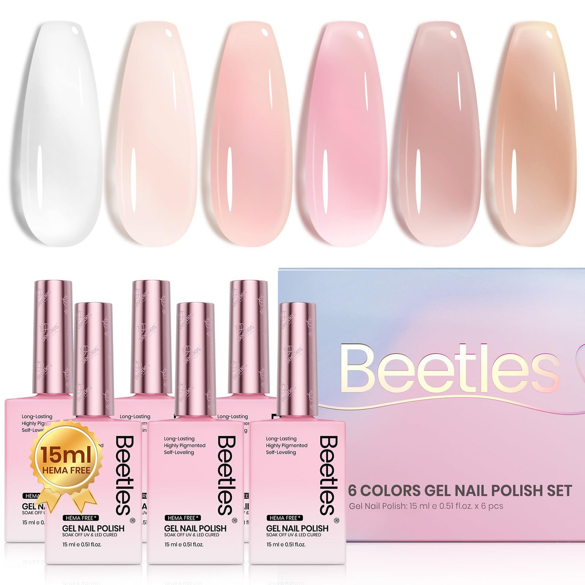 Beetles Jelly Gel Esmalte Unas: 6 colores, acabado brillante y duradero.