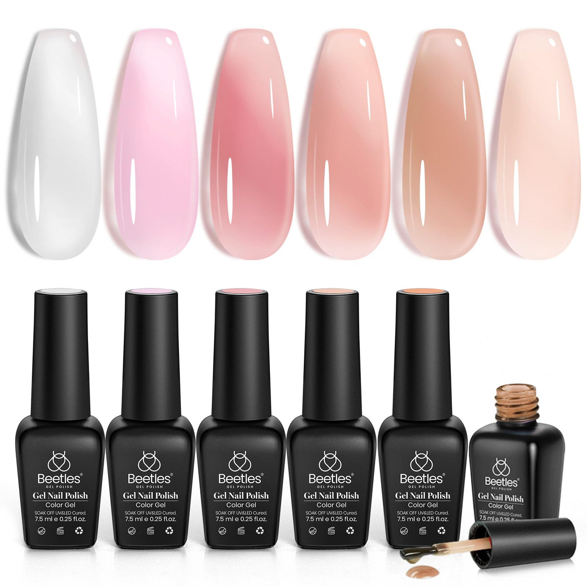Beetles Jelly Gel Set muestra 6 colores rosado claro para looks versátiles.