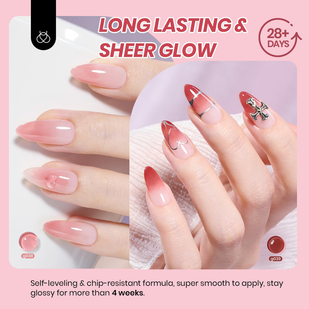 Beetles Jelly Gel Nail Polish Set se cura con luz ultravioleta o LED para uñas listas.