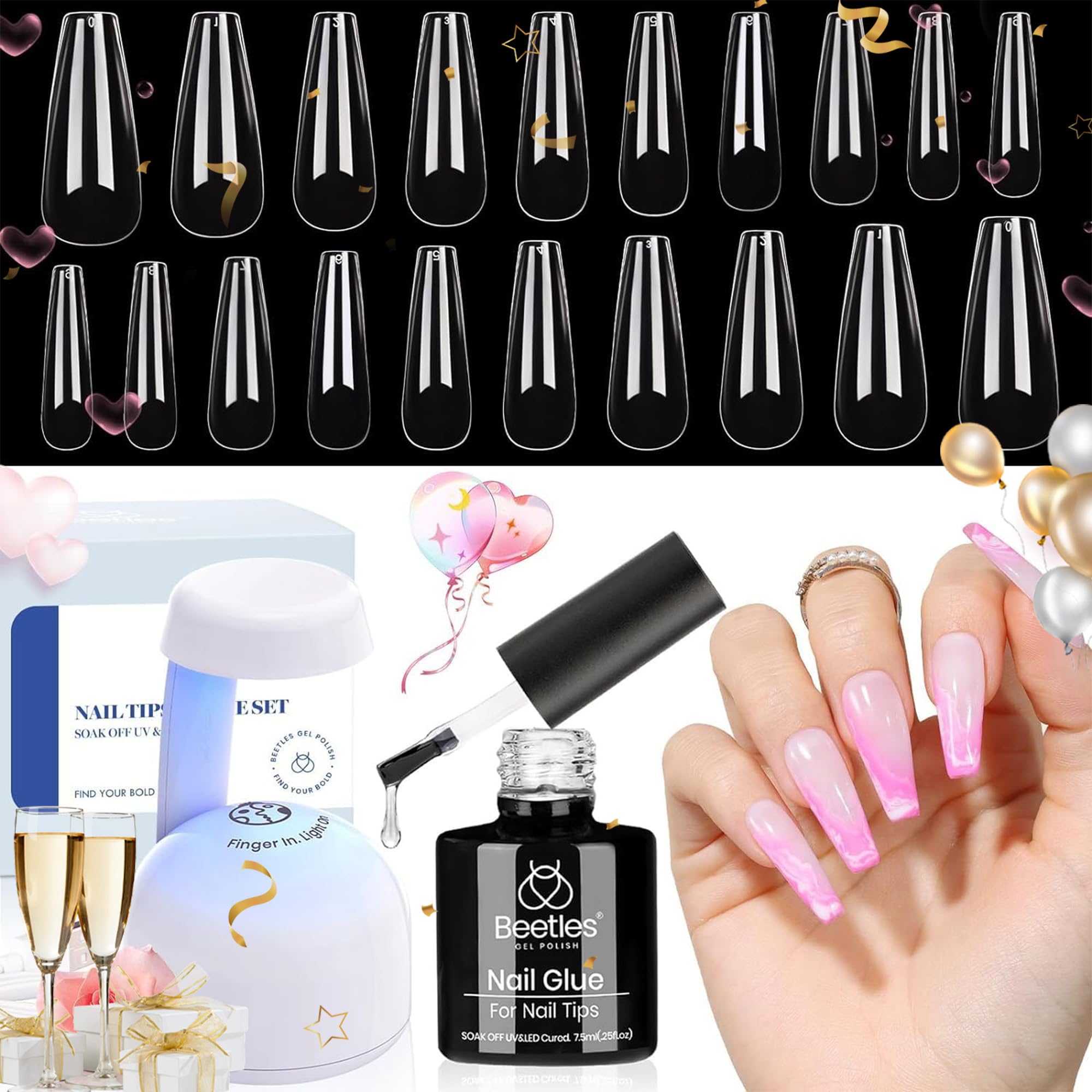 Beetles kit de uñas gel con tips coffin para extensión elegante.