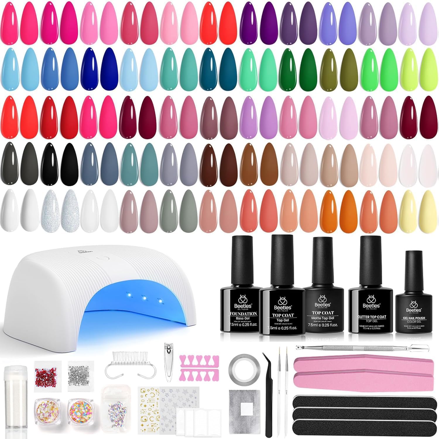 Beetles kit esmalte gel 55 colores con lámpara UV para manicuras en casa