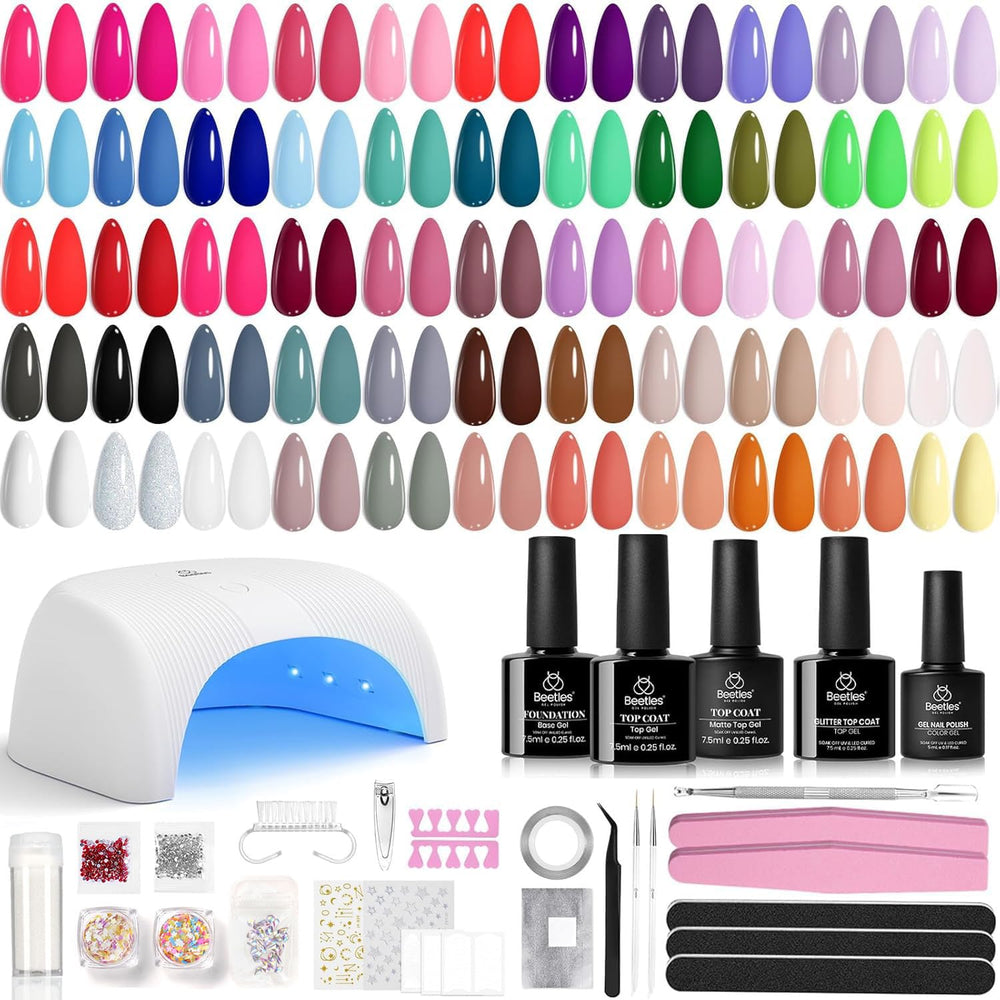 Beetles kit esmalte gel 55 colores con lámpara UV para manicuras en casa