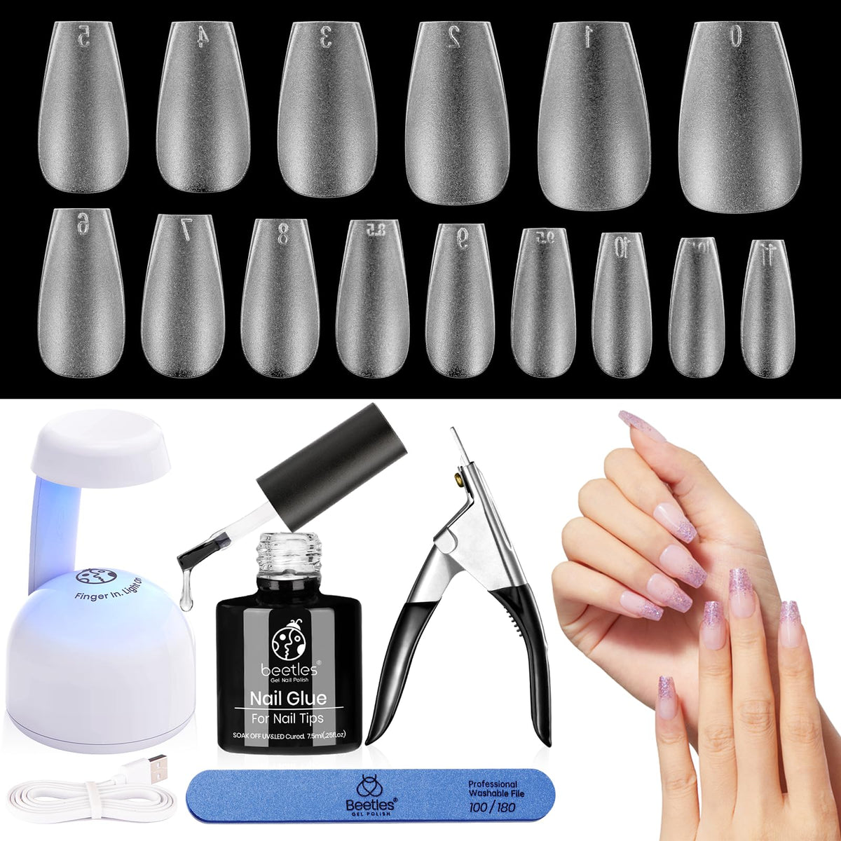 Beetles kit extension uñas con lampara UV facilita manicuras caseras.
