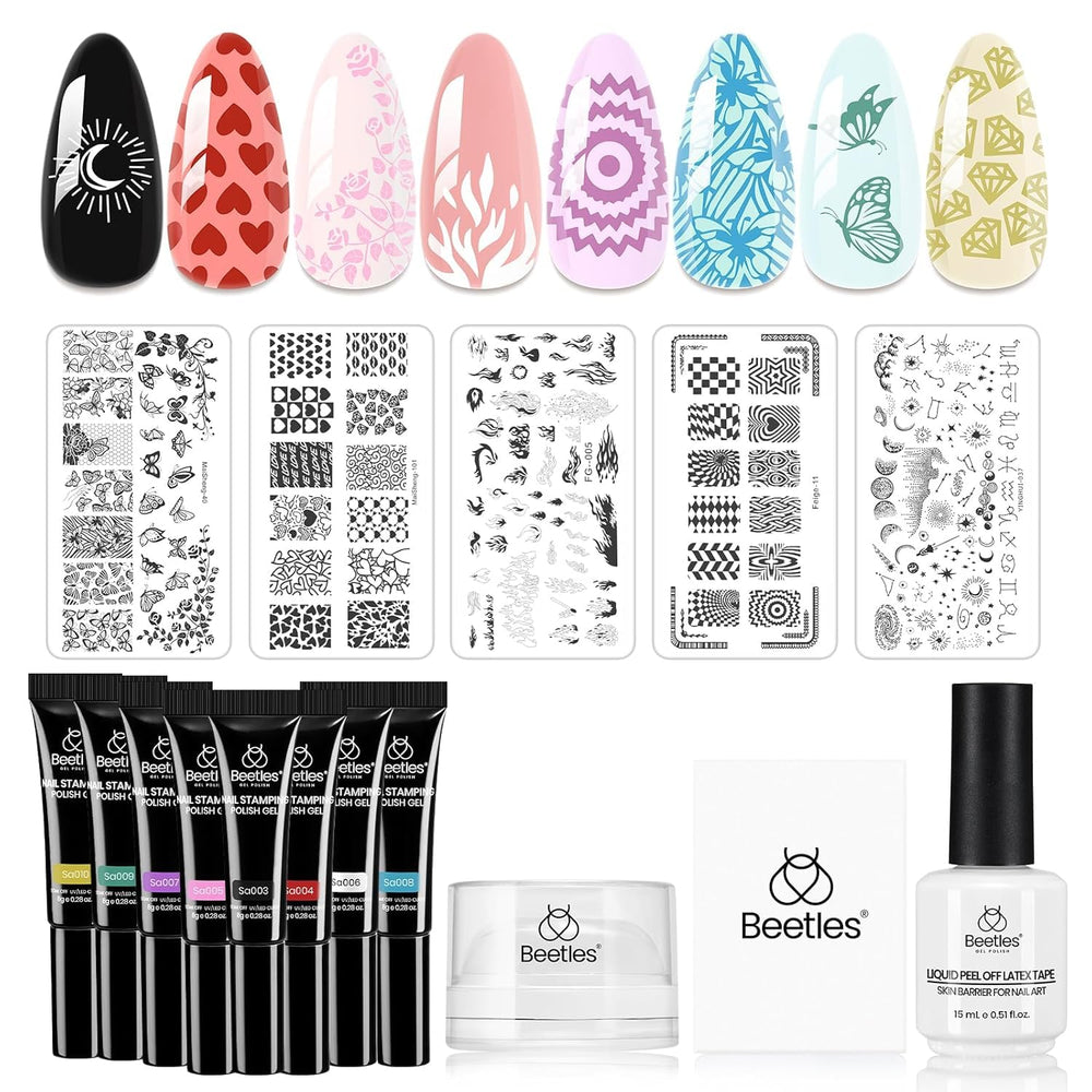 Beetles kit de gel para estampado en uñas, empaque compacto y práctico.