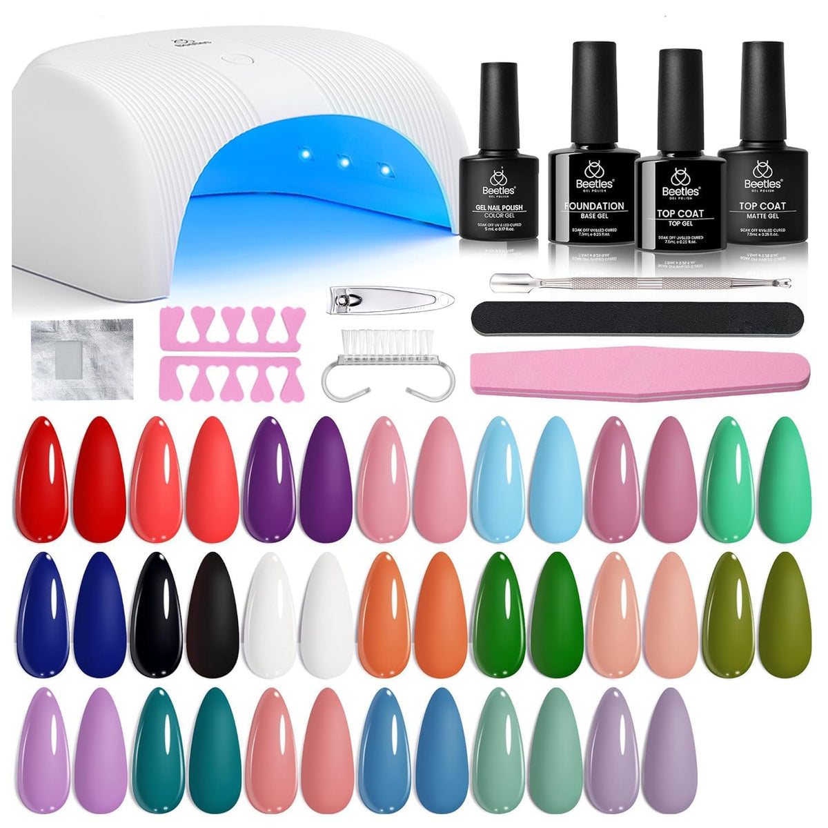 Beetles Kit Uñas Gel 31 Piezas con Lámpara UV-LED para manicura en casa.