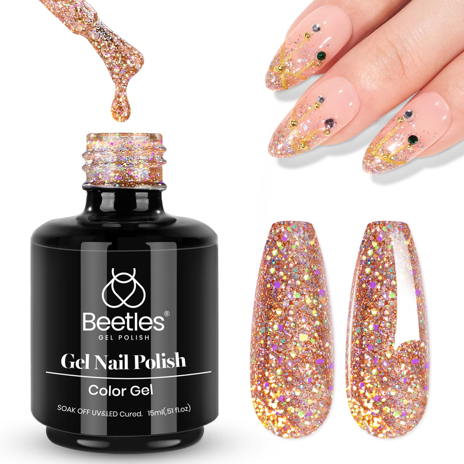 Beetles Laca Gel con destellos rosa dorado en botella, brillo llamativo para uñas.