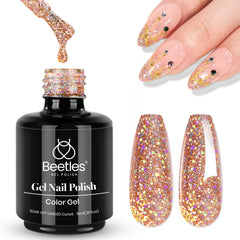 Beetles Laca Gel con destellos rosa dorado en botella, brillo llamativo para uñas.