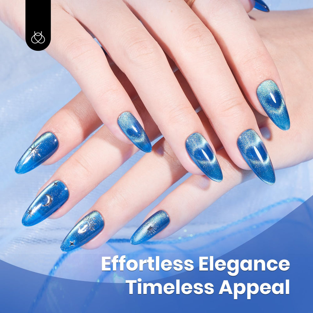 Beetles esmalte en gel azul ojo de gato aplicado en uñas para acabado duradero.