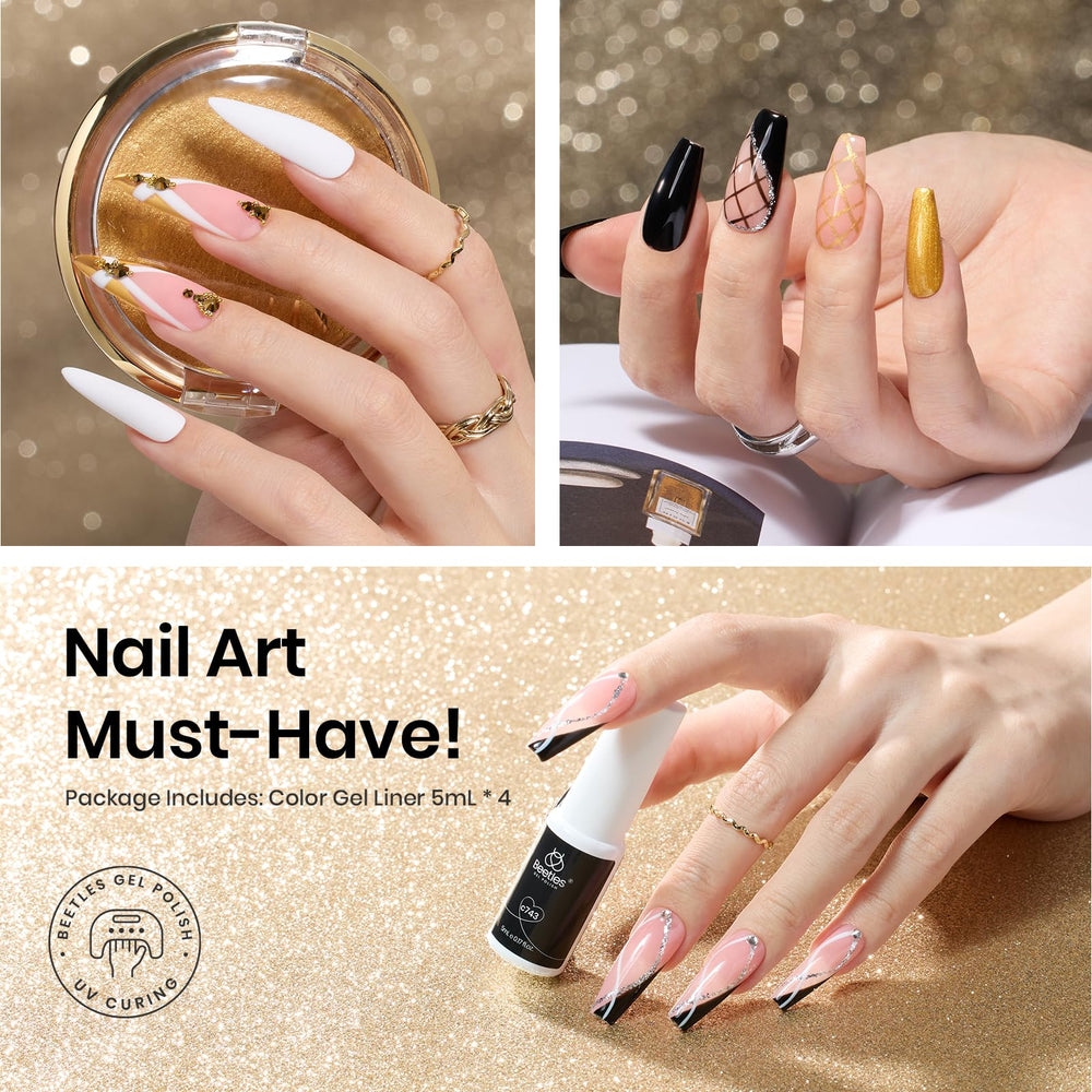 Beetles Nail Art Liner Gel Set en negro, para líneas definidas y contraste.