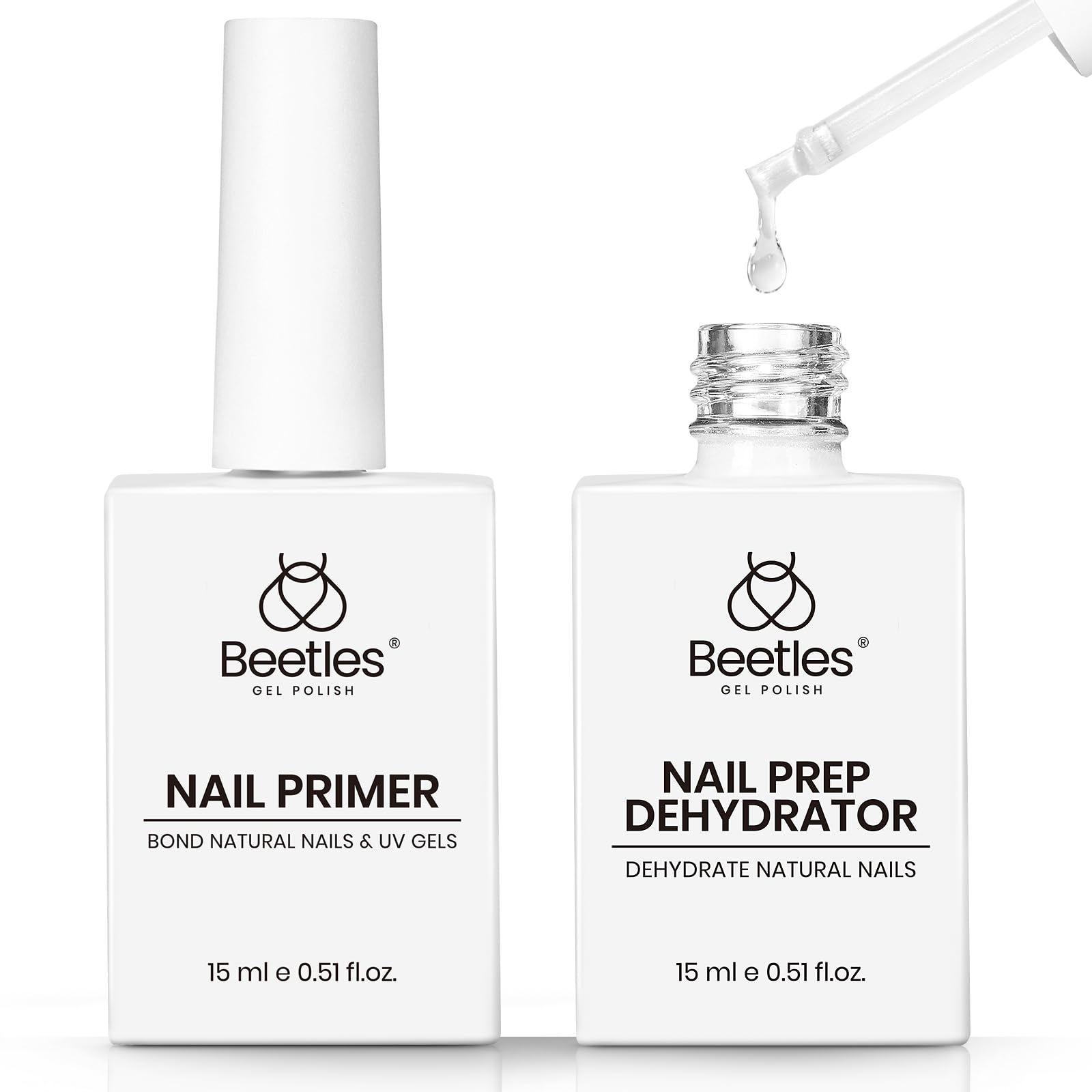 Beetles Nail Dehydrator y Primer, botellas de 15 ml listas para uso profesional.