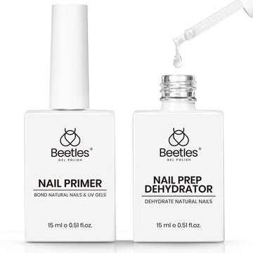 Beetles Nail Dehydrator y Primer, botellas de 15 ml listas para uso profesional.