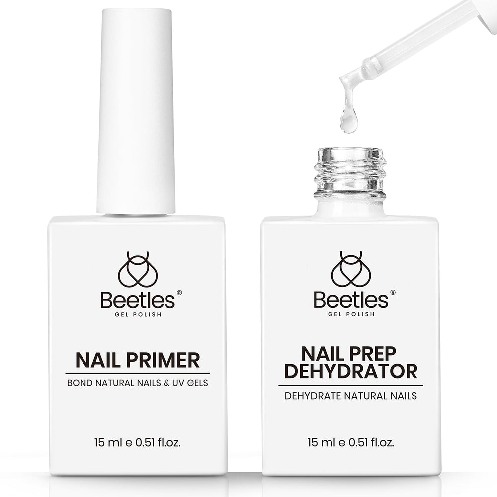 Beetles Nail Dehydrator y Primer, botellas de 15 ml listas para uso profesional.