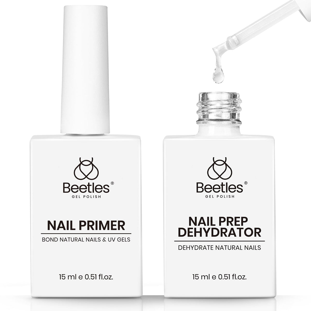 Beetles Nail Dehydrator y Primer, botellas de 15 ml listas para uso profesional.