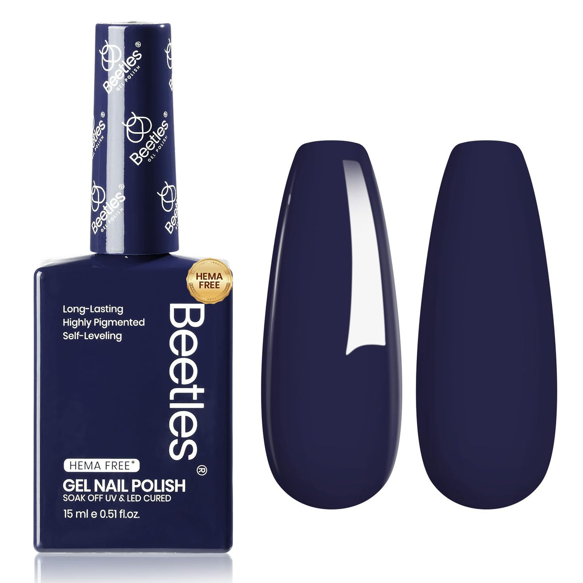 Beetles Navy Blue Gel Polish con botella cercana y color intenso