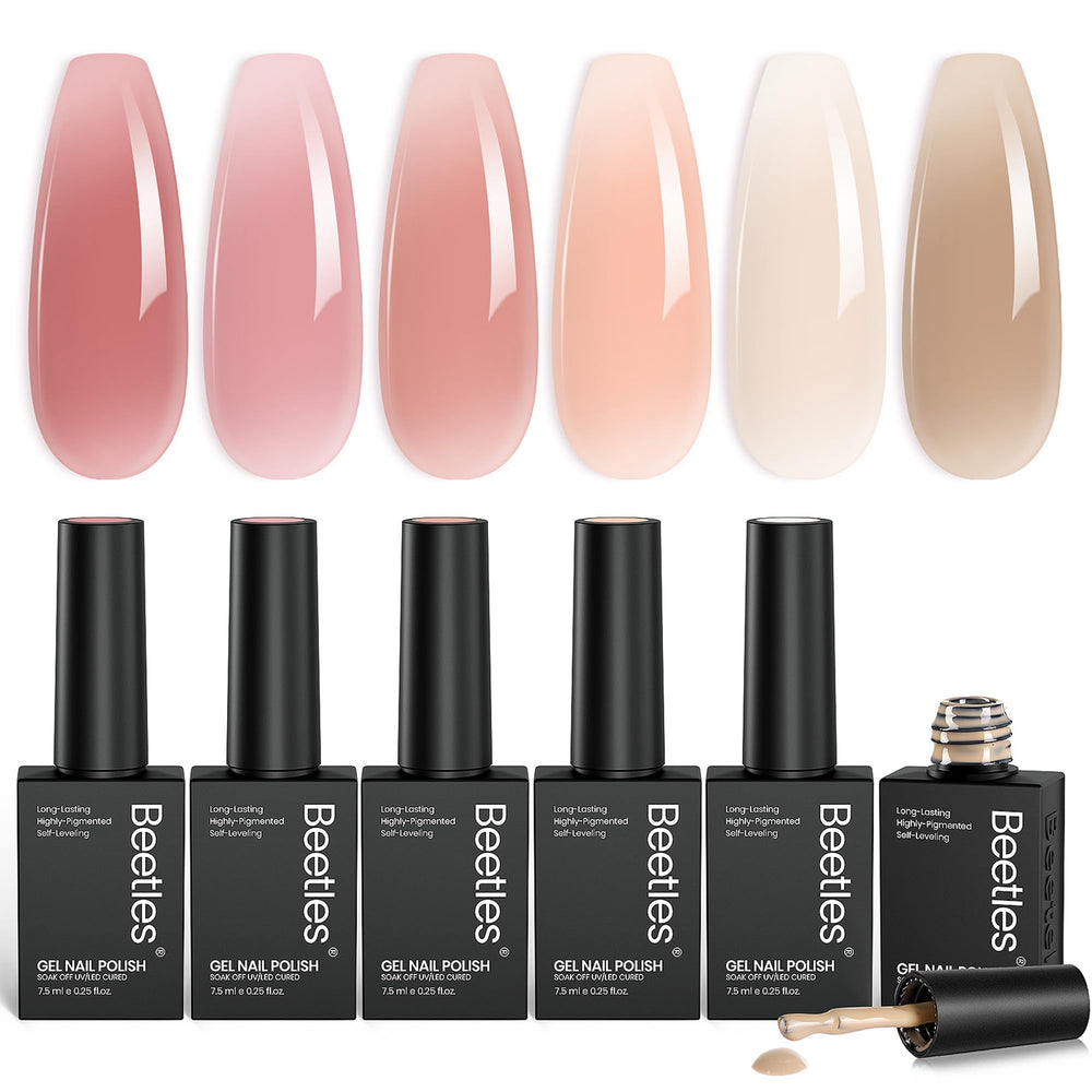 Beetles Nude Gel: botella en primer plano con tono translúcido para uñas naturales.