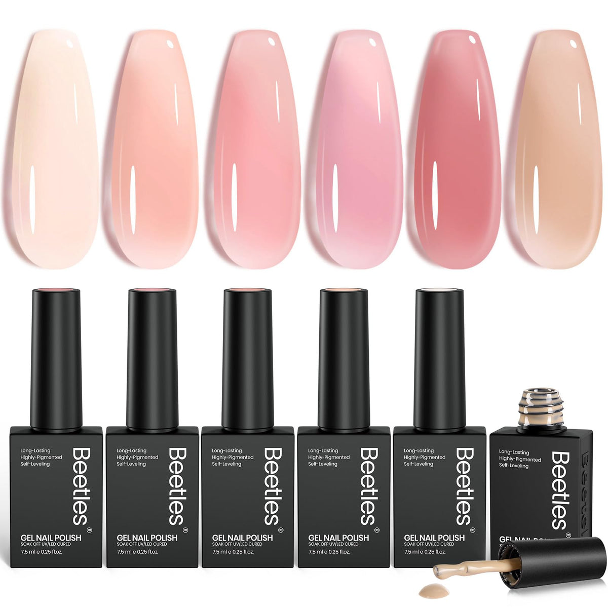 Beetles Nude Gel Set con seis tonos nude ofrece un acabado translúcido para uñas