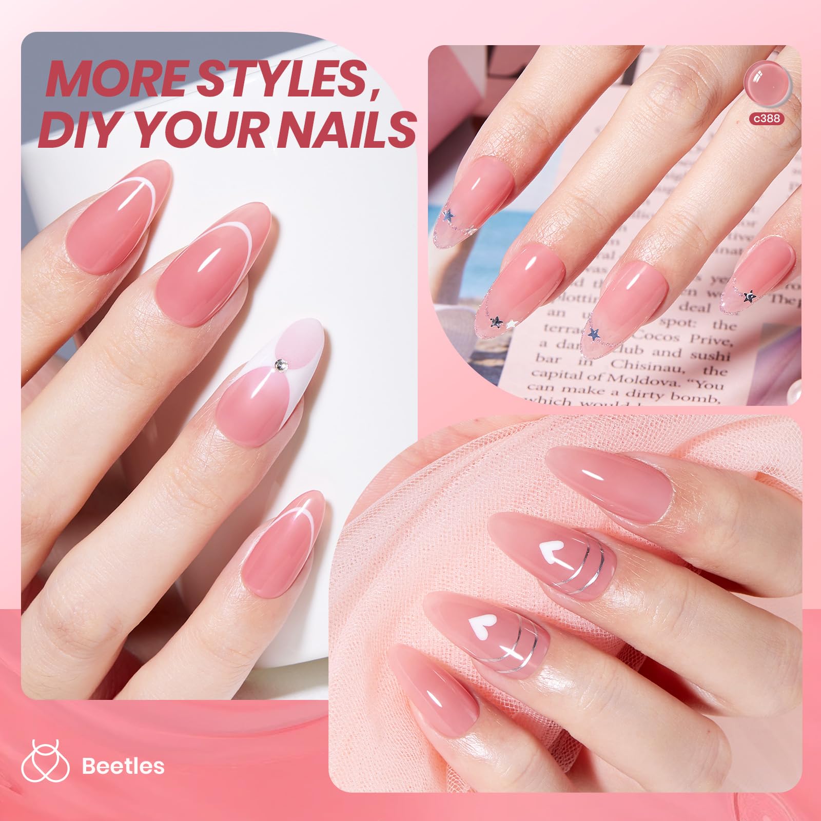 Beetles Nude Pink Gel: muestra de capas para efecto translúcido o sólido.