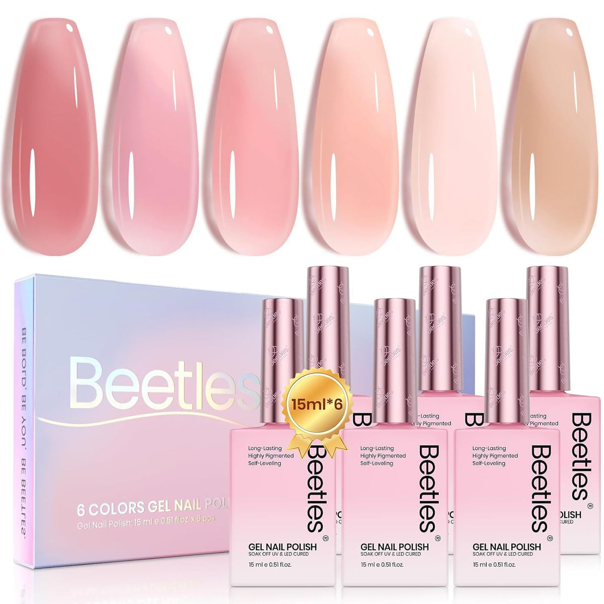 Be beetles nude pink gel polish set swatches show six shades for buildable color