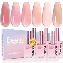 Be beetles nude pink gel polish set swatches show six shades for buildable color