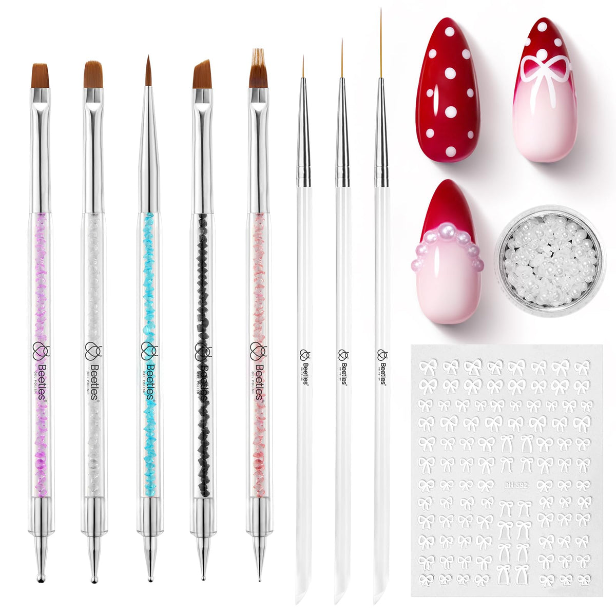 Beetles pinceles para uñas de 8 piezas con cristal, ideal para aplicaciones suaves y acabado pulido.
