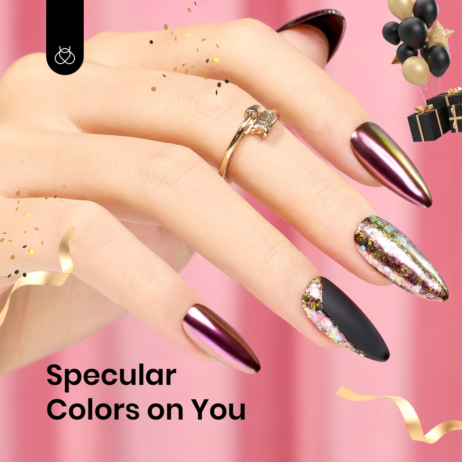 Beetles polvo cromado plata holográfico: efecto multicolor en uñas.