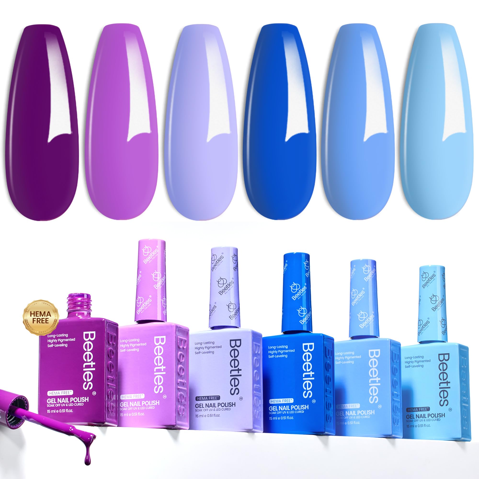 Beetles Purple Blue Gel Polish Set with six colors for versatile nails.