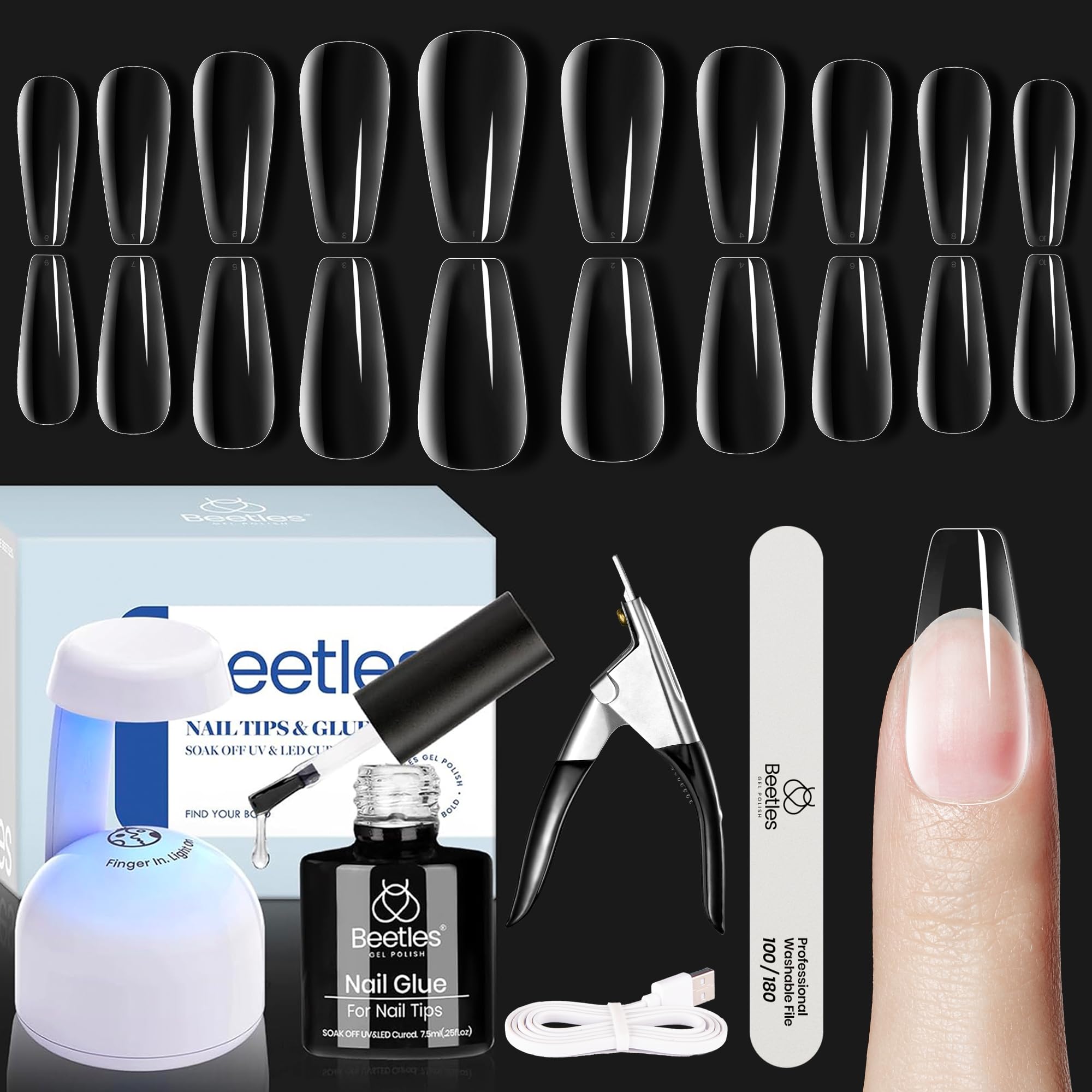 Beetles Soft Gel Nail Kit con uñas coffin mediano y lámpara LED para curado rápido