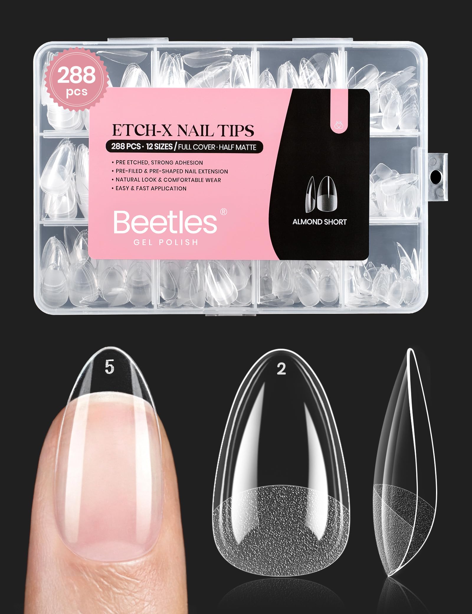 Beetles Soft Gel Nail Tips: almendra corta, 288 piezas, ajuste perfecto para uñas naturales
