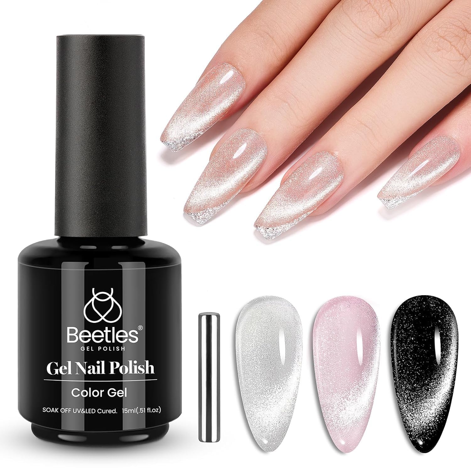 Beetles Star Cascade Plateado Cat Eye gel para uñas, efecto ojo de gato deslumbrante.