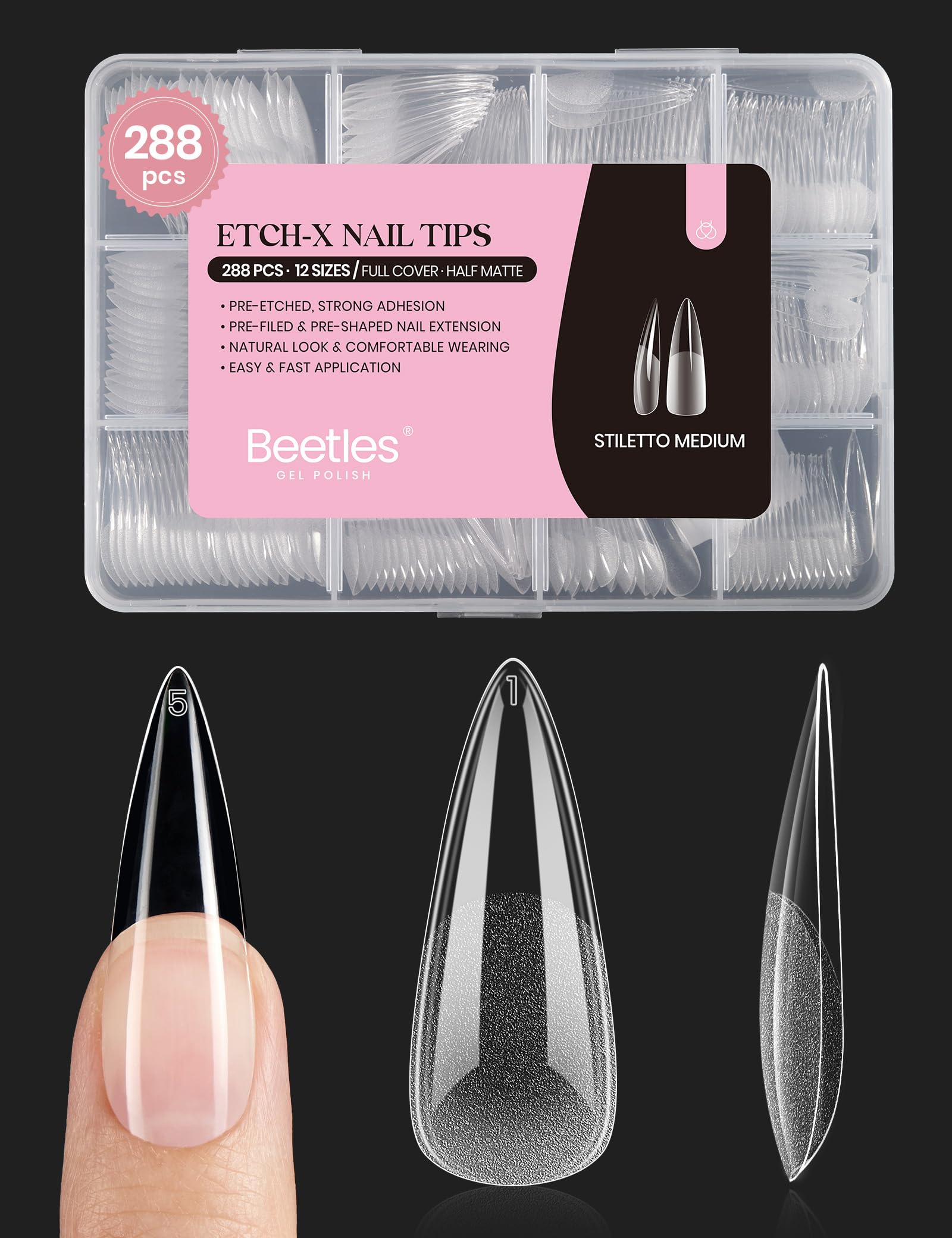 Beetles Gel Nail Tips Etch-X, punta stiletto medio, aplicación precisa.