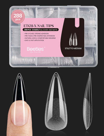 Beetles Gel Nail Tips Etch-X, punta stiletto medio, aplicación precisa.