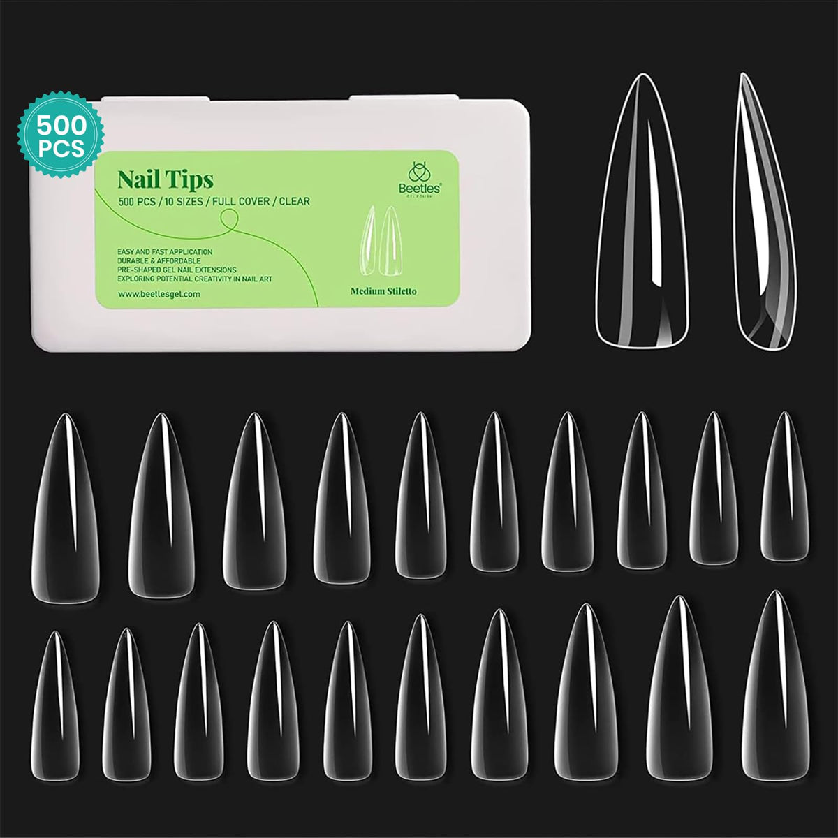 Beetles tips de uñas gel claros, estileto mediano, para extensiones suaves en casa.