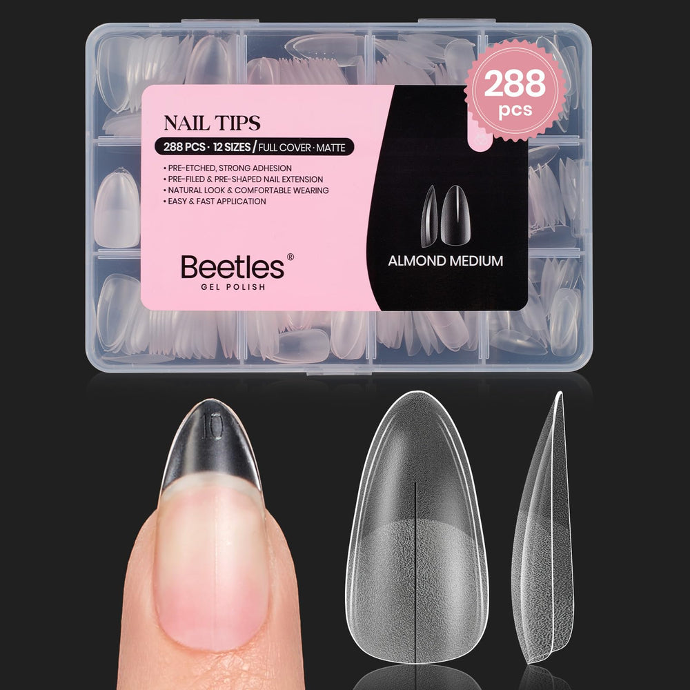 Beetles Gel Polish: puntas media almendra mate, ideal para uñas duraderas y limpias.