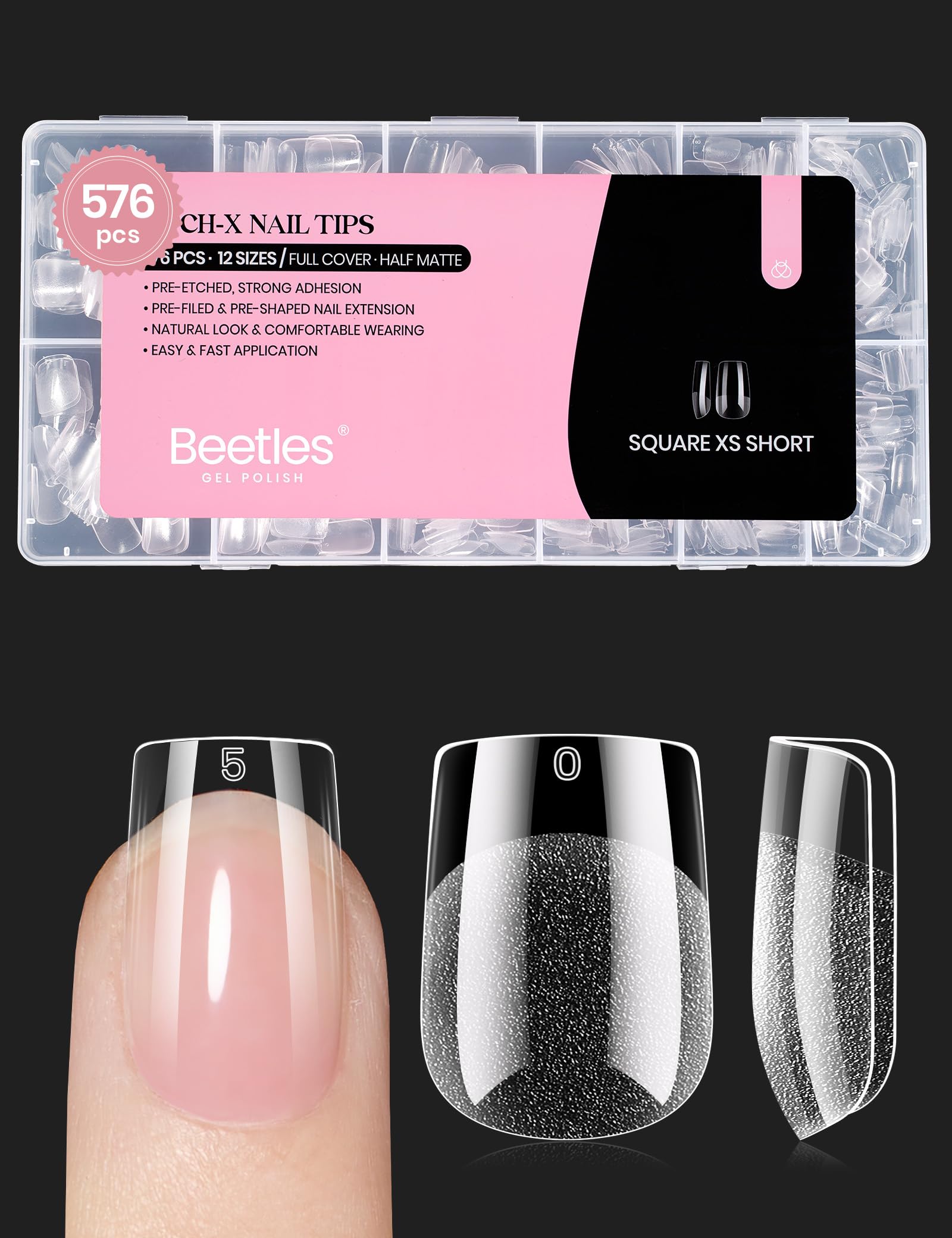 Beetles tips uñas cortas cuadradas: empaque visible para compra rápida y fácil aplicación