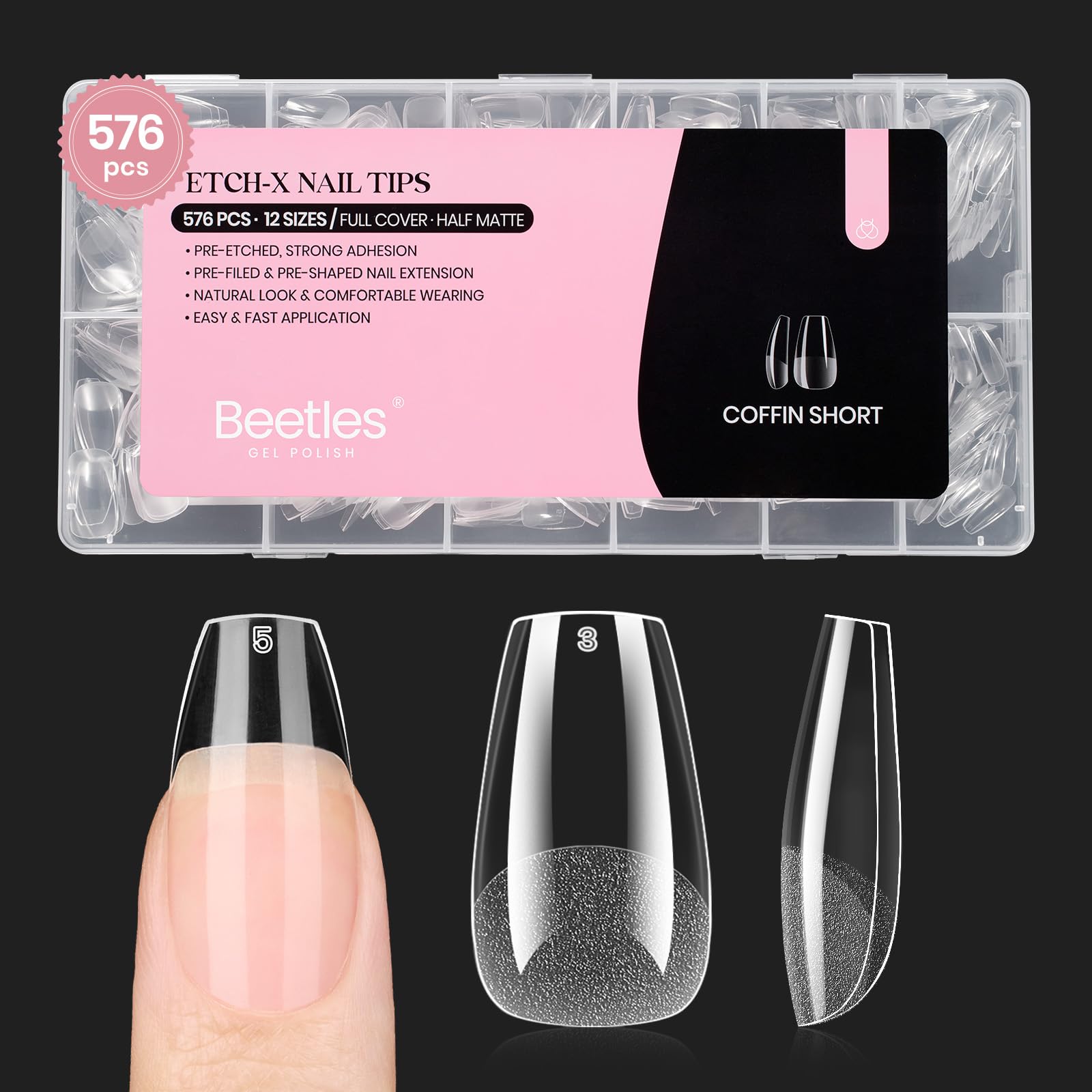 Beetles tips de uñas corto coffin, 576 piezas, facilita una manicura rápida.