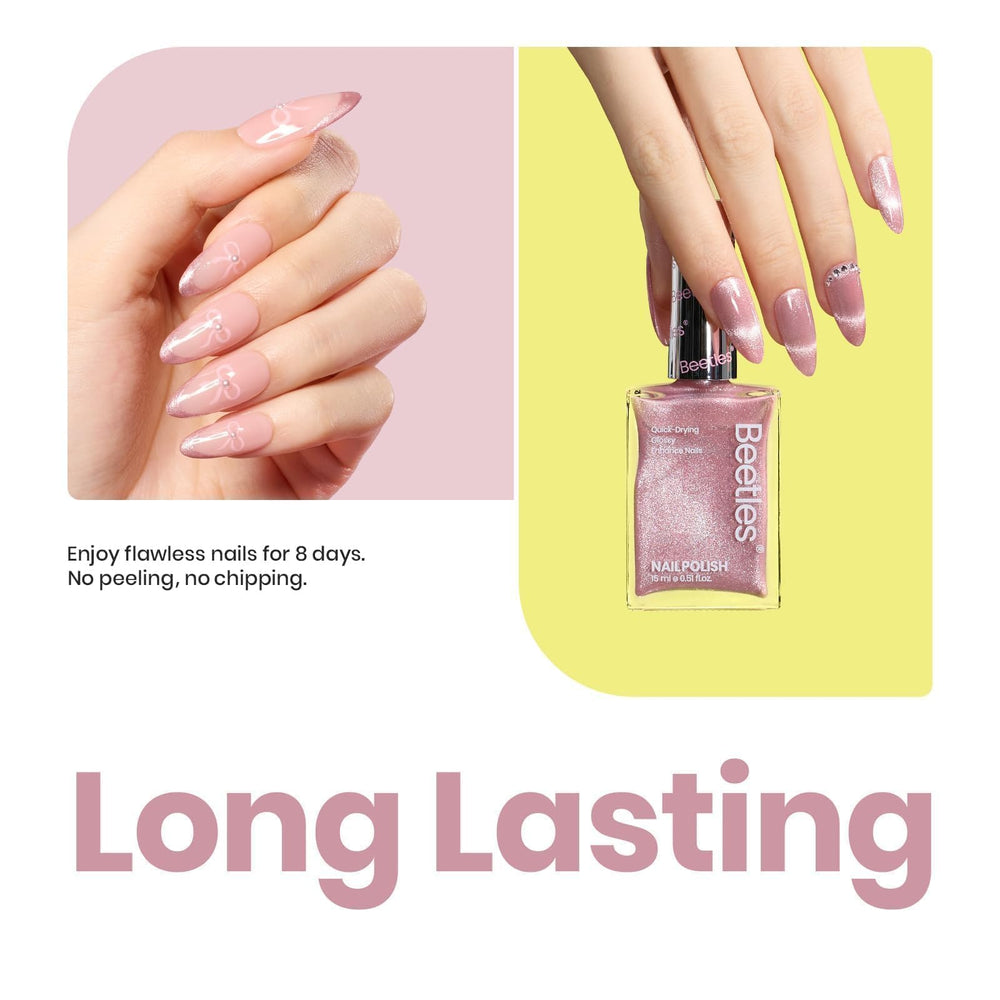 Beetles Uñas San Valentín: rosa con purpurina para estilos románticos.