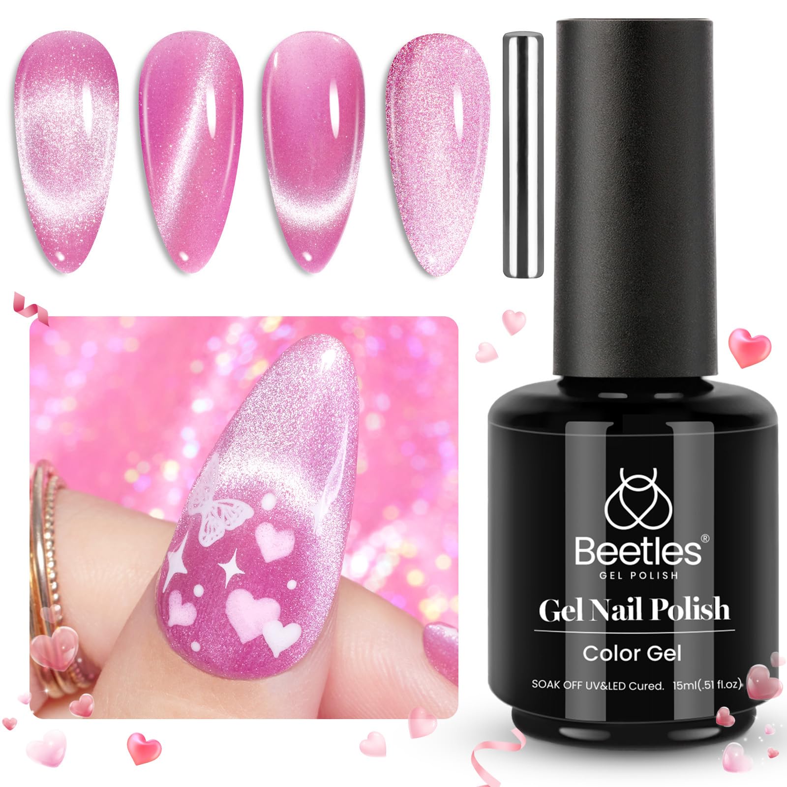 Beetles Esmalte Gel Rosa, requiere base y capa superior para mayor adherencia.