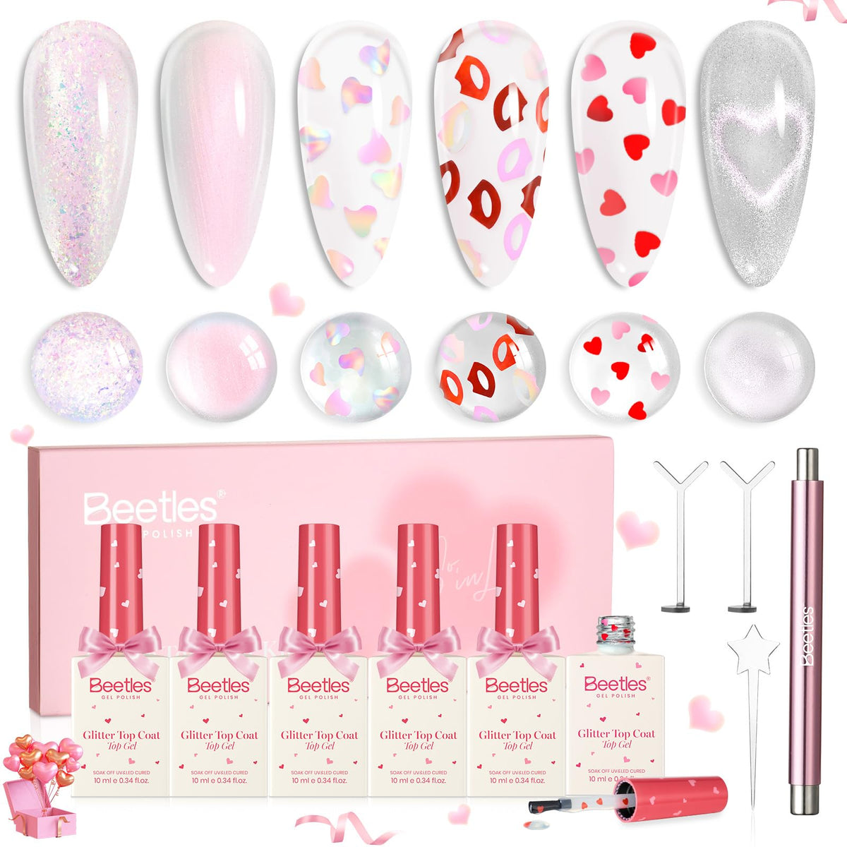 Beetles Valentín: set de capas superiores con corazones para manicura festiva y duradera.