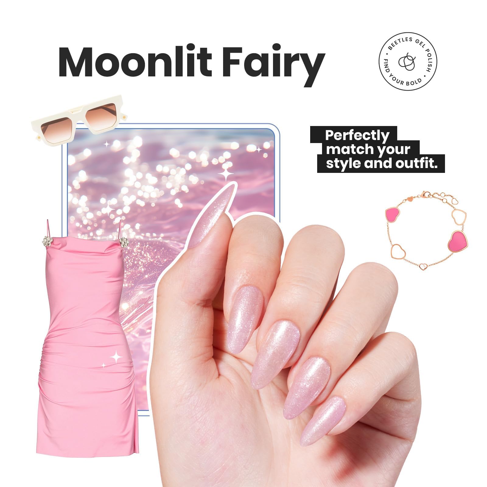 Beetles vernis rose paillettes – flacons visibles pour une application fluide.