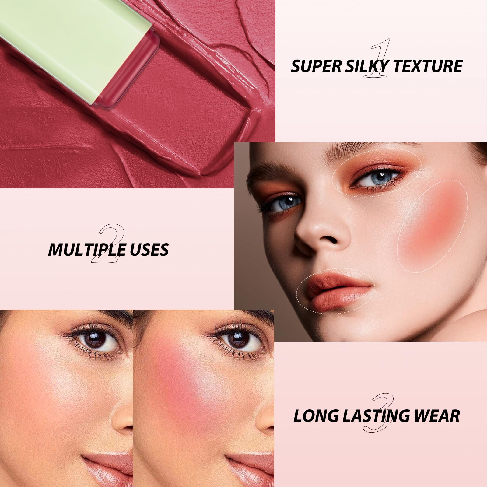 BEFIVECOK Blush Stick fórmula resistente al agua para color duradero.