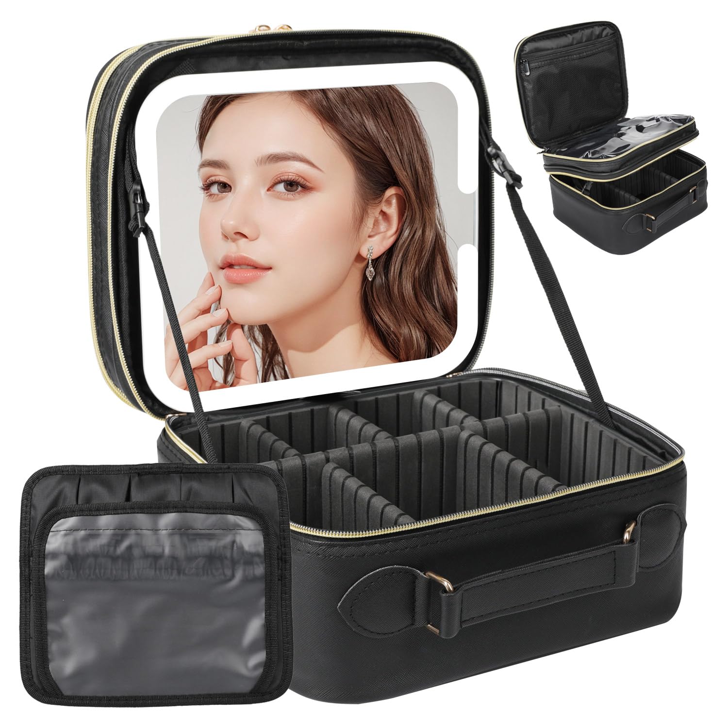 Behaesty bolso de maquillaje de viaje con espejo LED, práctico para retoques en ruta