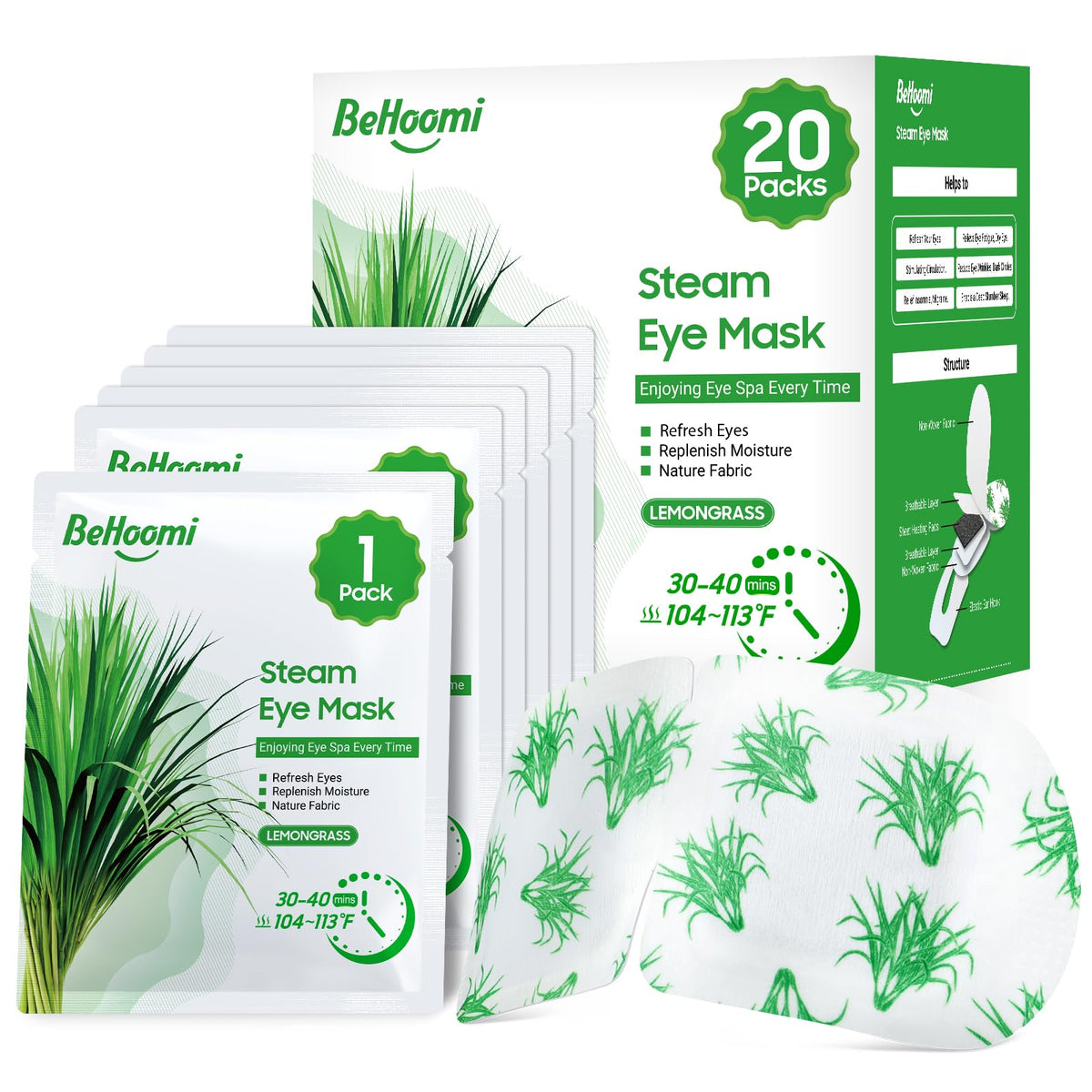 BeHoomi mascarilla de vapor para ojos Lemongrass lista para spa y descanso