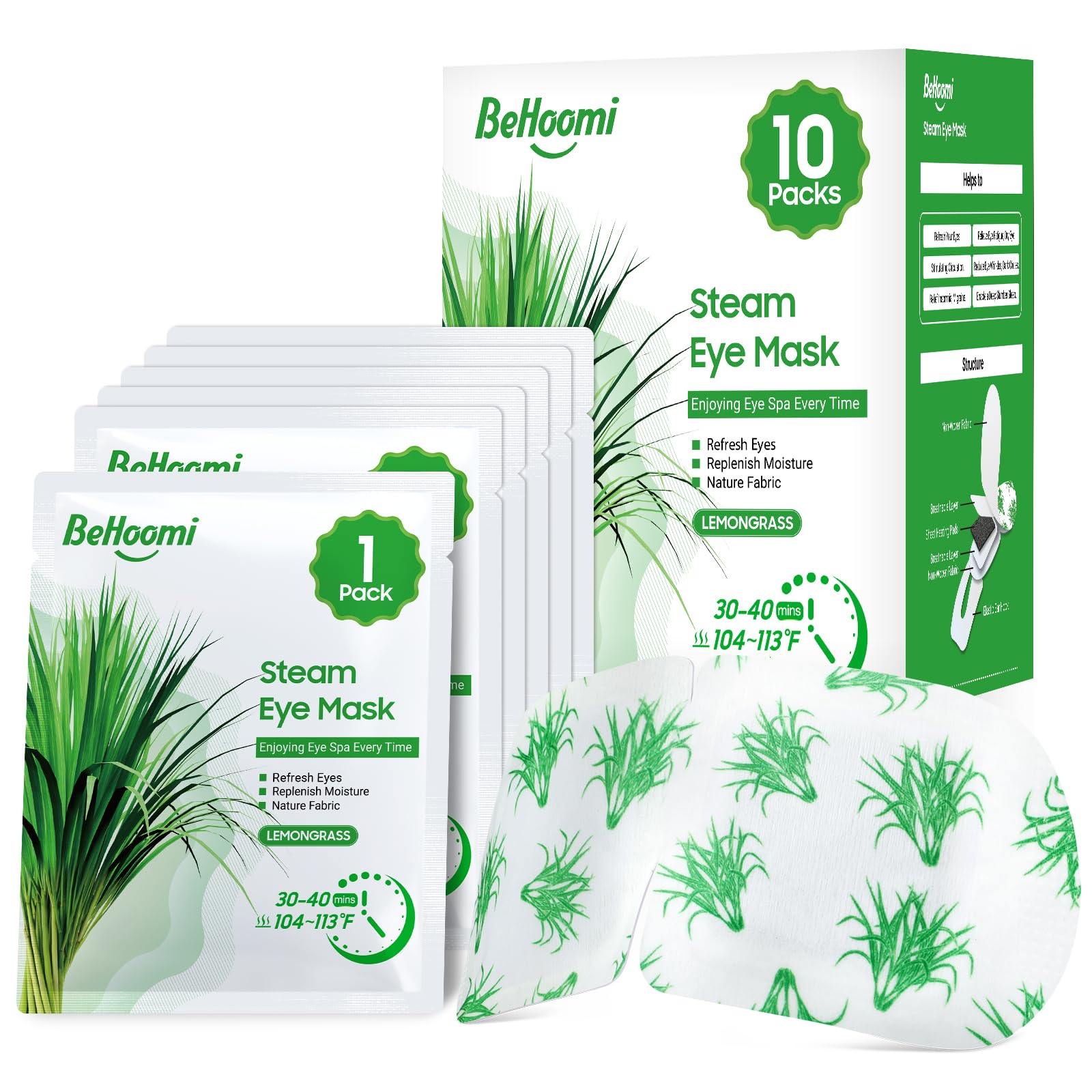 BeHoomi mascarilla ocular termica lemongrass lista para relajación suave.
