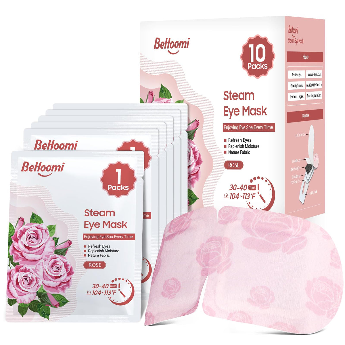 BeHoomi Mascarita de ojos caliente, 10 paquetes, alivio cómodo en cualquier lugar.