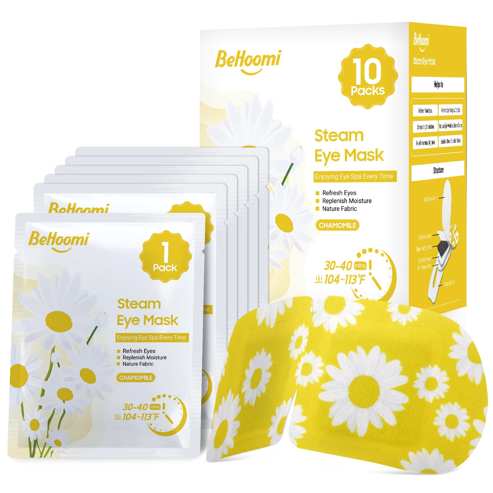 BeHoomi mascarilla de ojos con vapor caliente para relajación visual.