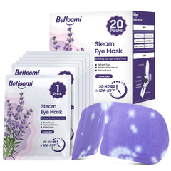 BeHoomi mascarilla de ojos vapor lavanda en caja, lista para relajación en casa.