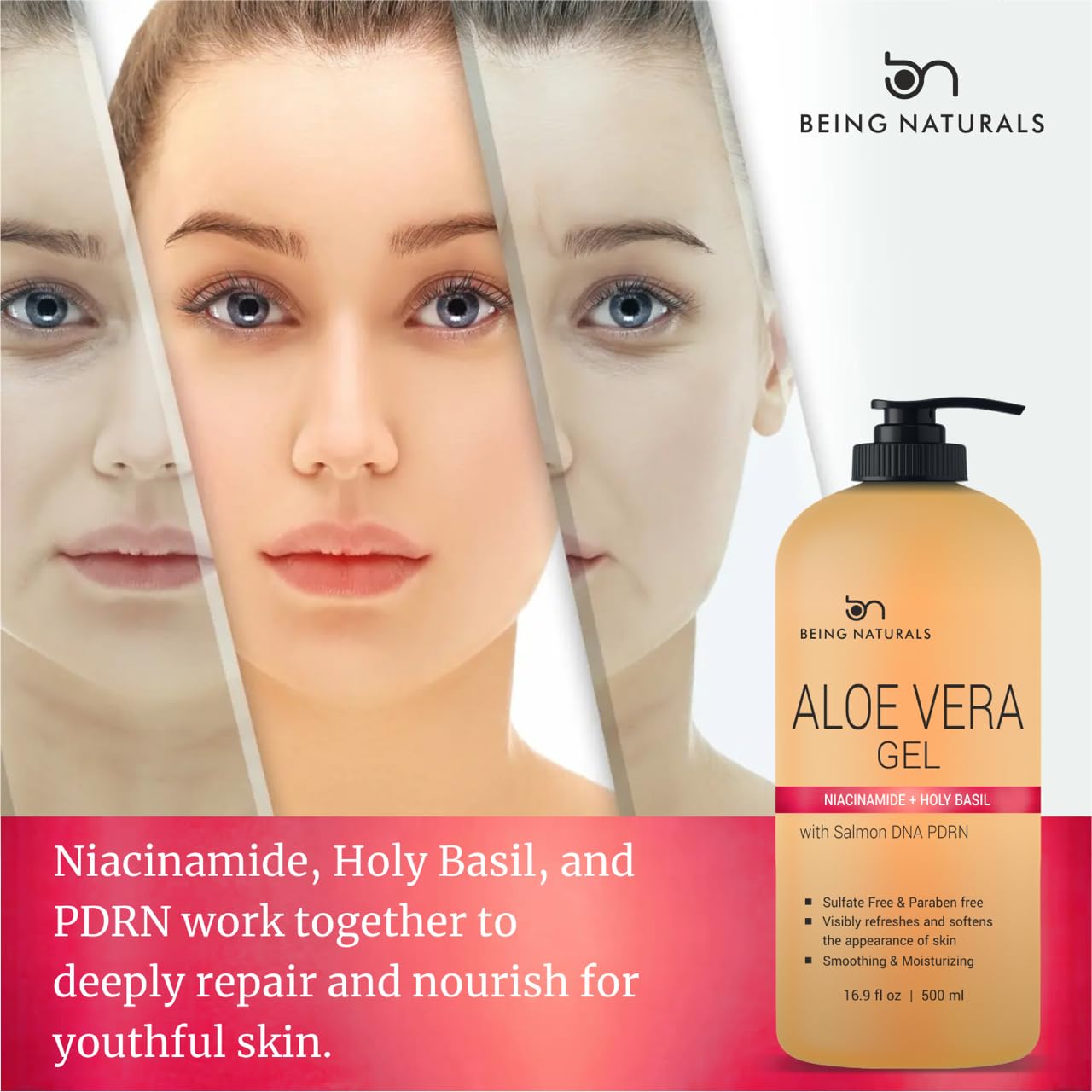 Being Naturals Aloe Vera Gel aplicado sobre la piel para aportar frescura.