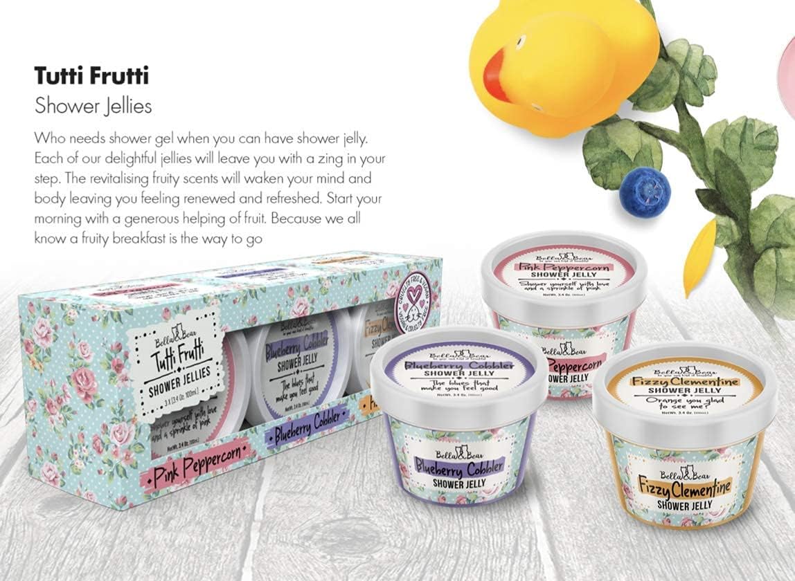 Bella & Bear gelatinas Tutti Frutti, visual de textura suave para ducha.